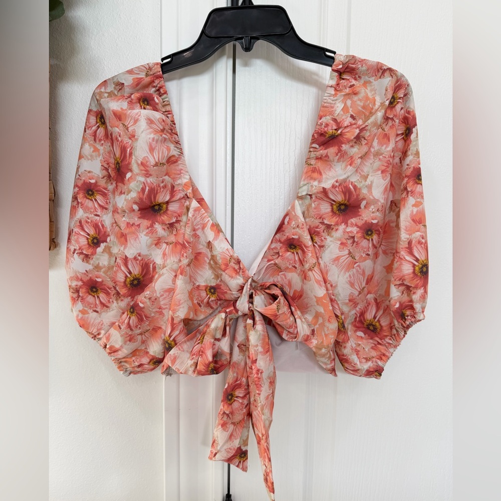 Express Floral Tie-Front Crop Top - Pink/Coral
